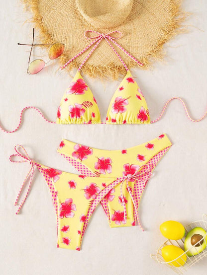 Swim Vcay Summer Beach Women 3pcs/Set Solid Color Halter Backless Tie Top + Knotted Triangle Bikini Bottom + Triangle Bikini Set Set Animal Print Swim Wear Bathing Suit Sets Animal Print Bikini Cheetah Print Bathing Suit Women Swimwear Sets