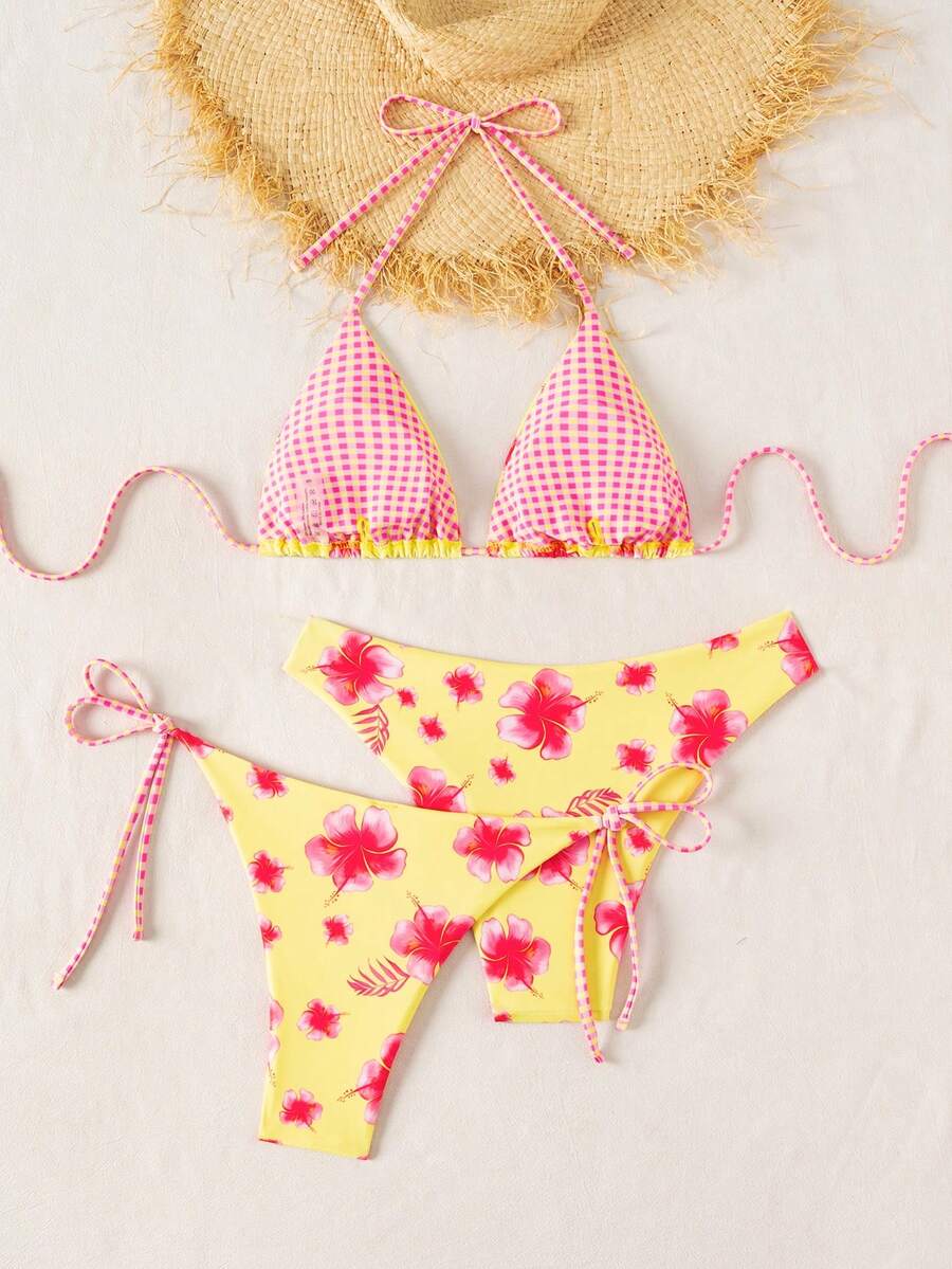 Swim Vcay Summer Beach Women 3pcs/Set Solid Color Halter Backless Tie Top + Knotted Triangle Bikini Bottom + Triangle Bikini Set Set Animal Print Swim Wear Bathing Suit Sets Animal Print Bikini Cheetah Print Bathing Suit Women Swimwear Sets