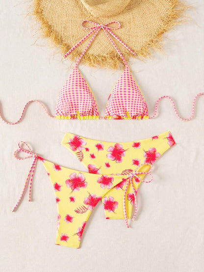 Swim Vcay Summer Beach Women 3pcs/Set Solid Color Halter Backless Tie Top + Knotted Triangle Bikini Bottom + Triangle Bikini Set Set Animal Print Swim Wear Bathing Suit Sets Animal Print Bikini Cheetah Print Bathing Suit Women Swimwear Sets