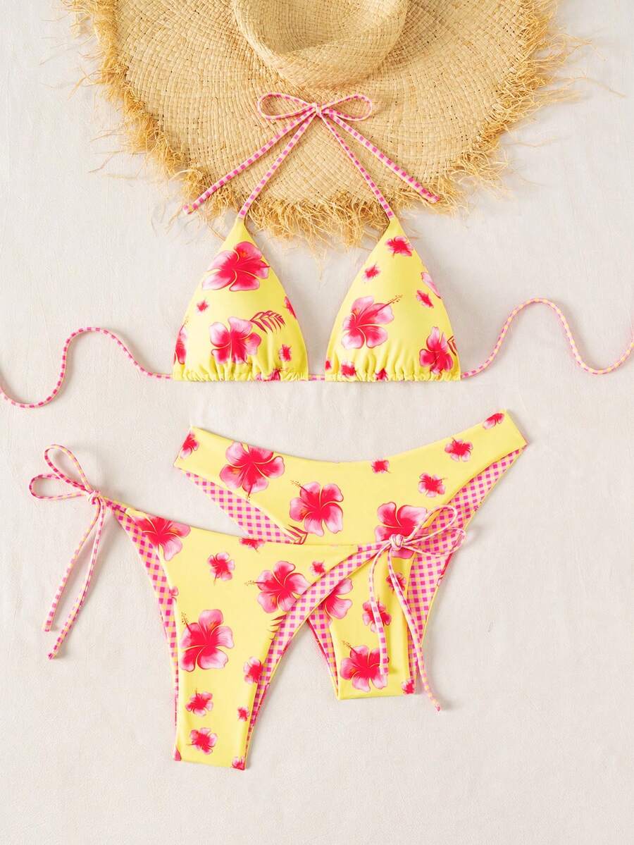 Swim Vcay Summer Beach Women 3pcs/Set Solid Color Halter Backless Tie Top + Knotted Triangle Bikini Bottom + Triangle Bikini Set Set Animal Print Swim Wear Bathing Suit Sets Animal Print Bikini Cheetah Print Bathing Suit Women Swimwear Sets
