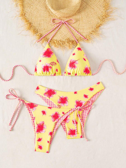 Swim Vcay Summer Beach Women 3pcs/Set Solid Color Halter Backless Tie Top + Knotted Triangle Bikini Bottom + Triangle Bikini Set Set Animal Print Swim Wear Bathing Suit Sets Animal Print Bikini Cheetah Print Bathing Suit Women Swimwear Sets
