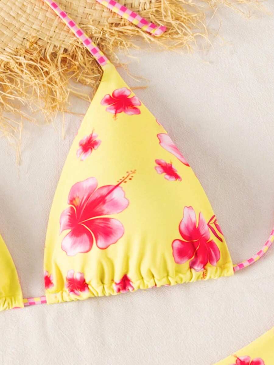 Swim Vcay Summer Beach Women 3pcs/Set Solid Color Halter Backless Tie Top + Knotted Triangle Bikini Bottom + Triangle Bikini Set Set Animal Print Swim Wear Bathing Suit Sets Animal Print Bikini Cheetah Print Bathing Suit Women Swimwear Sets