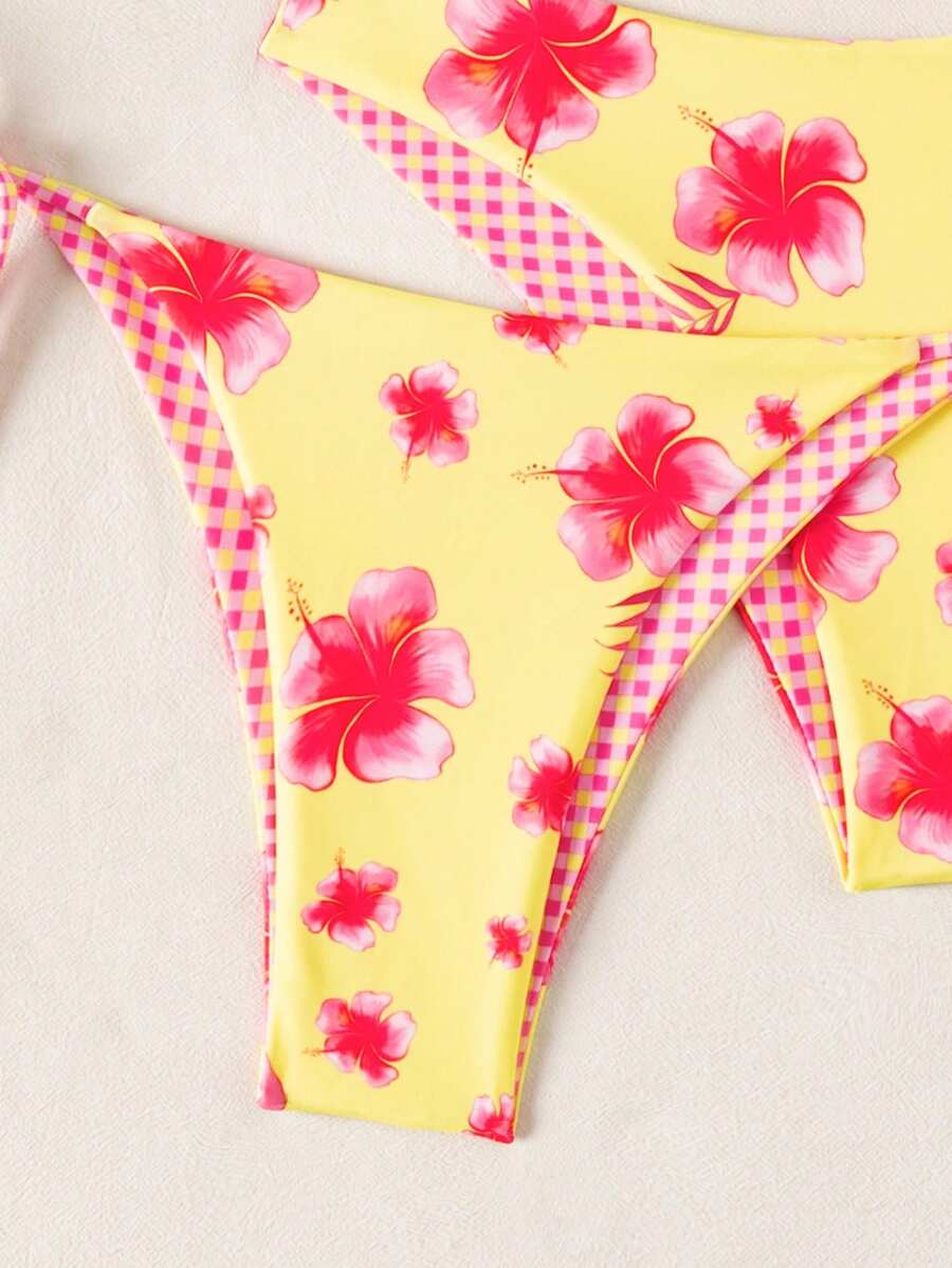 Swim Vcay Summer Beach Women 3pcs/Set Solid Color Halter Backless Tie Top + Knotted Triangle Bikini Bottom + Triangle Bikini Set Set Animal Print Swim Wear Bathing Suit Sets Animal Print Bikini Cheetah Print Bathing Suit Women Swimwear Sets