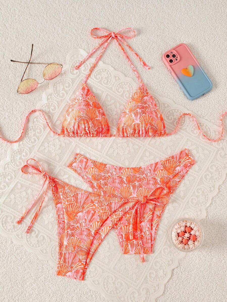 Swim Vcay Summer Beach Women 3pcs/Set Solid Color Halter Backless Tie Top + Knotted Triangle Bikini Bottom + Triangle Bikini Set Set Animal Print Swim Wear Bathing Suit Sets Animal Print Bikini Cheetah Print Bathing Suit Women Swimwear Sets