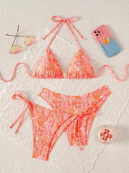 Swim Vcay Summer Beach Women 3pcs/Set Solid Color Halter Backless Tie Top + Knotted Triangle Bikini Bottom + Triangle Bikini Set Set Animal Print Swim Wear Bathing Suit Sets Animal Print Bikini Cheetah Print Bathing Suit Women Swimwear Sets