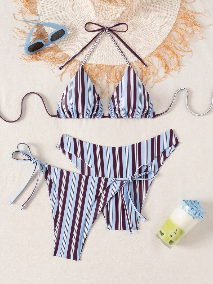 Swim Vcay Summer Beach Women 3pcs/Set Solid Color Halter Backless Tie Top + Knotted Triangle Bikini Bottom + Triangle Bikini Set Set Animal Print Swim Wear Bathing Suit Sets Animal Print Bikini Cheetah Print Bathing Suit Women Swimwear Sets