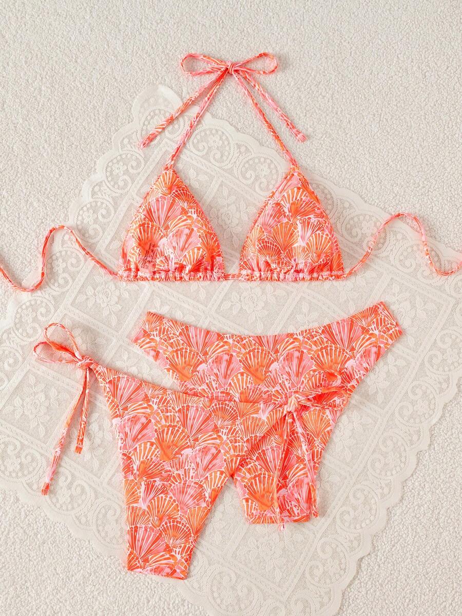 Swim Vcay Summer Beach Women 3pcs/Set Solid Color Halter Backless Tie Top + Knotted Triangle Bikini Bottom + Triangle Bikini Set Set Animal Print Swim Wear Bathing Suit Sets Animal Print Bikini Cheetah Print Bathing Suit Women Swimwear Sets