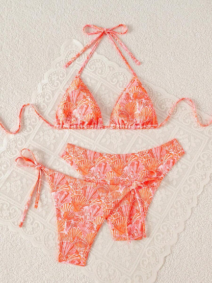 Swim Vcay Summer Beach Women 3pcs/Set Solid Color Halter Backless Tie Top + Knotted Triangle Bikini Bottom + Triangle Bikini Set Set Animal Print Swim Wear Bathing Suit Sets Animal Print Bikini Cheetah Print Bathing Suit Women Swimwear Sets