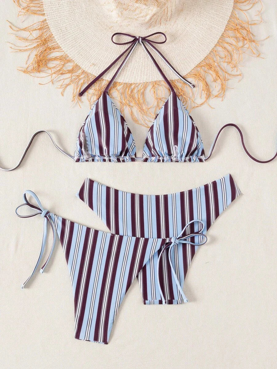 Swim Vcay Summer Beach Women 3pcs/Set Solid Color Halter Backless Tie Top + Knotted Triangle Bikini Bottom + Triangle Bikini Set Set Animal Print Swim Wear Bathing Suit Sets Animal Print Bikini Cheetah Print Bathing Suit Women Swimwear Sets