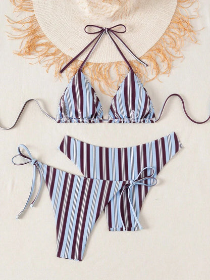 Swim Vcay Summer Beach Women 3pcs/Set Solid Color Halter Backless Tie Top + Knotted Triangle Bikini Bottom + Triangle Bikini Set Set Animal Print Swim Wear Bathing Suit Sets Animal Print Bikini Cheetah Print Bathing Suit Women Swimwear Sets