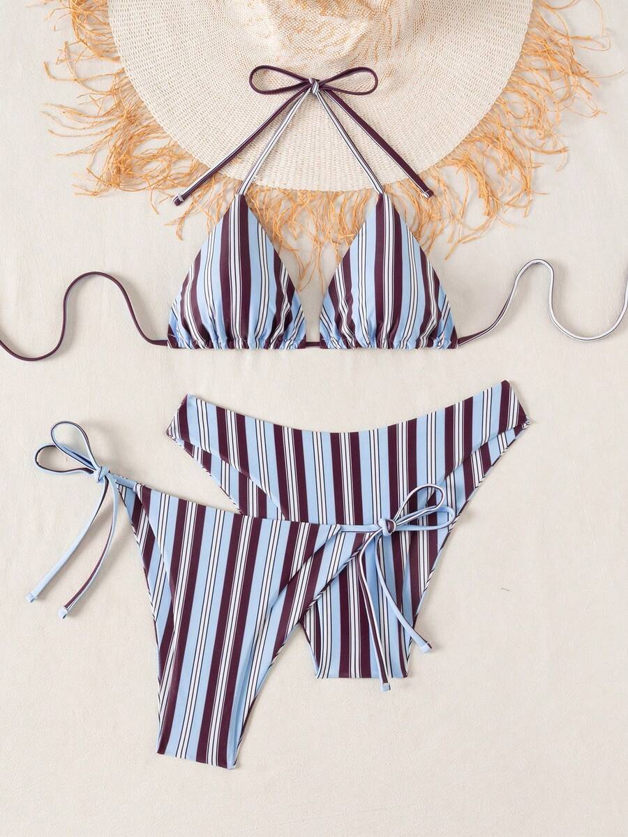 Swim Vcay Summer Beach Women 3pcs/Set Solid Color Halter Backless Tie Top + Knotted Triangle Bikini Bottom + Triangle Bikini Set Set Animal Print Swim Wear Bathing Suit Sets Animal Print Bikini Cheetah Print Bathing Suit Women Swimwear Sets