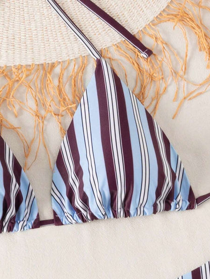 Swim Vcay Summer Beach Women 3pcs/Set Solid Color Halter Backless Tie Top + Knotted Triangle Bikini Bottom + Triangle Bikini Set Set Animal Print Swim Wear Bathing Suit Sets Animal Print Bikini Cheetah Print Bathing Suit Women Swimwear Sets