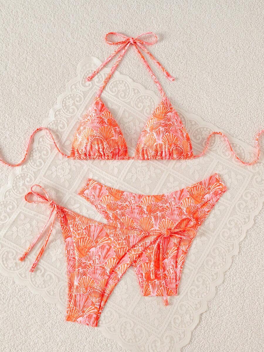 Swim Vcay Summer Beach Women 3pcs/Set Solid Color Halter Backless Tie Top + Knotted Triangle Bikini Bottom + Triangle Bikini Set Set Animal Print Swim Wear Bathing Suit Sets Animal Print Bikini Cheetah Print Bathing Suit Women Swimwear Sets