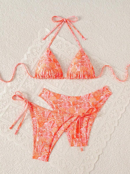 Swim Vcay Summer Beach Women 3pcs/Set Solid Color Halter Backless Tie Top + Knotted Triangle Bikini Bottom + Triangle Bikini Set Set Animal Print Swim Wear Bathing Suit Sets Animal Print Bikini Cheetah Print Bathing Suit Women Swimwear Sets