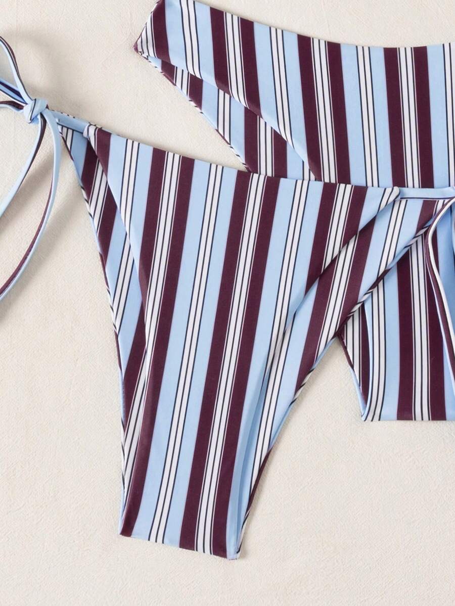 Swim Vcay Summer Beach Women 3pcs/Set Solid Color Halter Backless Tie Top + Knotted Triangle Bikini Bottom + Triangle Bikini Set Set Animal Print Swim Wear Bathing Suit Sets Animal Print Bikini Cheetah Print Bathing Suit Women Swimwear Sets