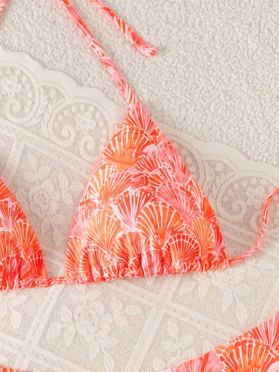 Swim Vcay Summer Beach Women 3pcs/Set Solid Color Halter Backless Tie Top + Knotted Triangle Bikini Bottom + Triangle Bikini Set Set Animal Print Swim Wear Bathing Suit Sets Animal Print Bikini Cheetah Print Bathing Suit Women Swimwear Sets