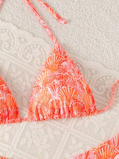 Swim Vcay Summer Beach Women 3pcs/Set Solid Color Halter Backless Tie Top + Knotted Triangle Bikini Bottom + Triangle Bikini Set Set Animal Print Swim Wear Bathing Suit Sets Animal Print Bikini Cheetah Print Bathing Suit Women Swimwear Sets