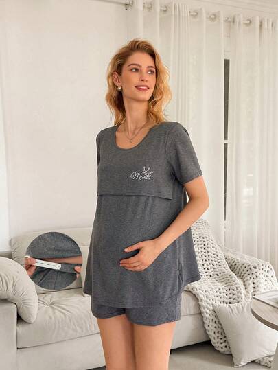 Maternity Pajama Set - MAMA Print Loose Fit Short Sleeve Top and Shorts Soft, Pregnancy Lounge