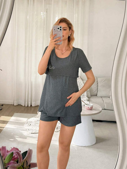 Maternity Pajama Set - MAMA Print Loose Fit Short Sleeve Top and Shorts Soft, Pregnancy Lounge