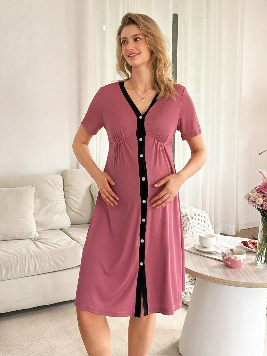 Maternity Nursing Dress - Black Contrast Trim Casual Basic Soft Stretch Loungewear, Breastfeeding