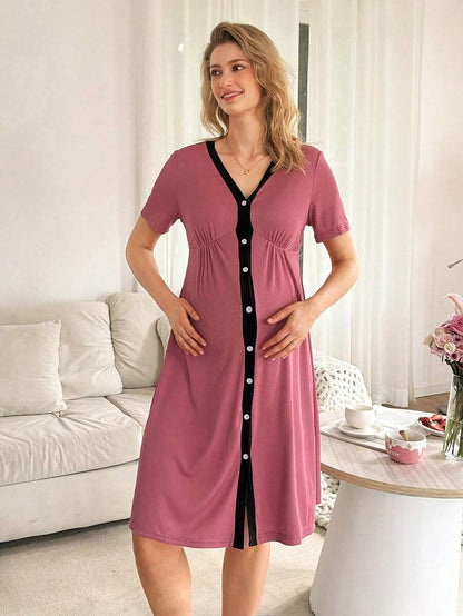 Maternity Nursing Dress - Black Contrast Trim Casual Basic Soft Stretch Loungewear, Breastfeeding