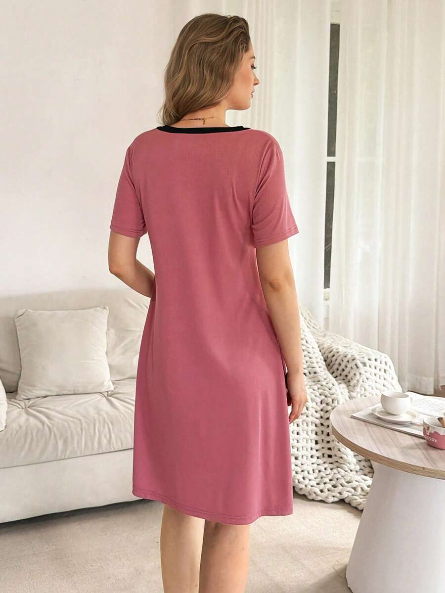 Maternity Nursing Dress - Black Contrast Trim Casual Basic Soft Stretch Loungewear, Breastfeeding