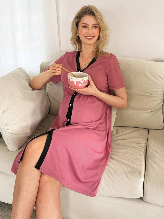 Maternity Nursing Dress - Black Contrast Trim Casual Basic Soft Stretch Loungewear, Breastfeeding