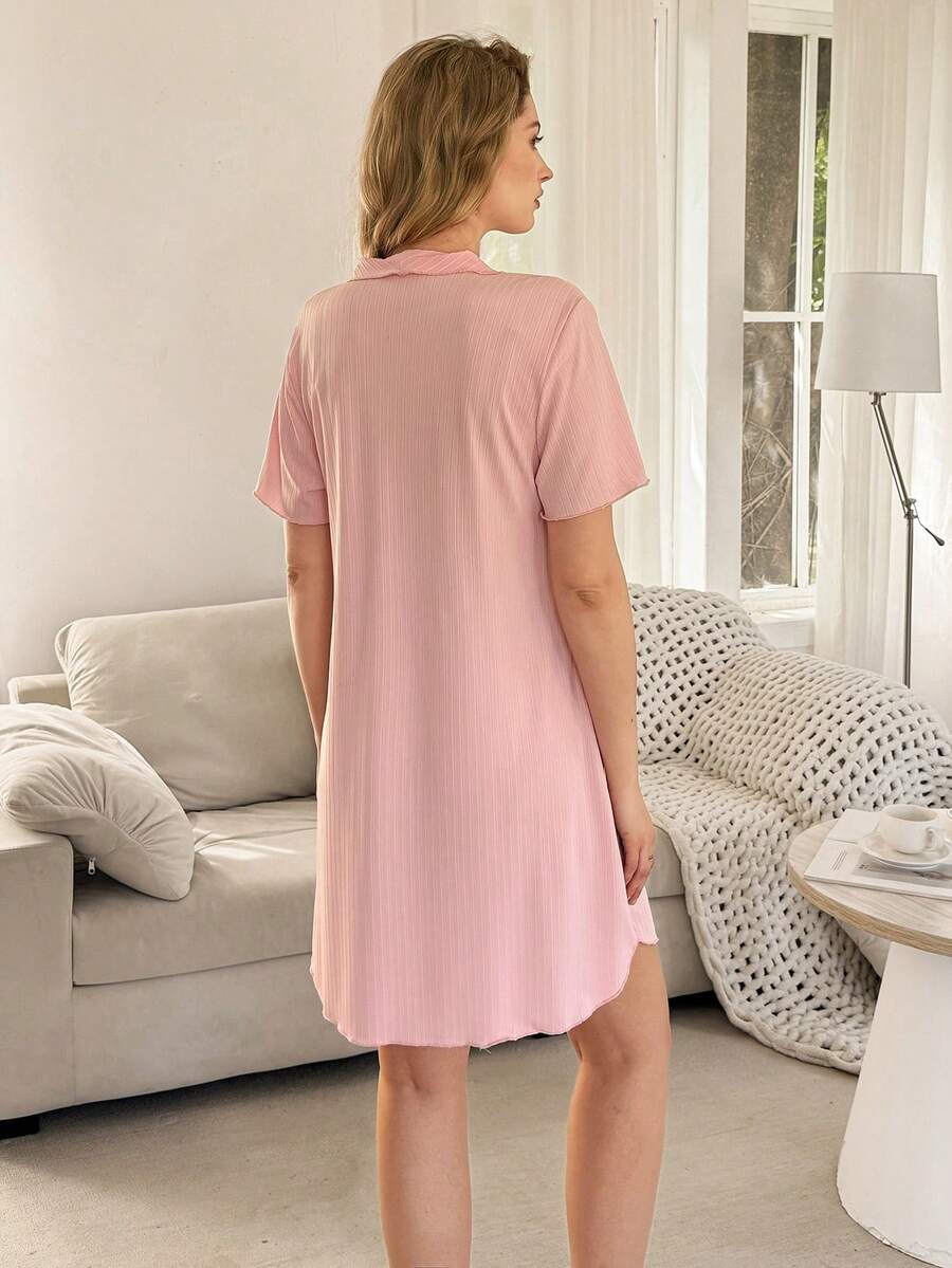 BloomMama Maternity Nursing Dress - Pink Lapel Cardigan Wave Trim Casual Sleepwear, Nightdress