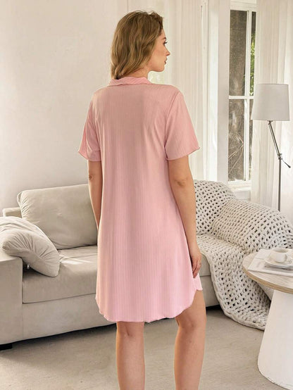 BloomMama Maternity Nursing Dress - Pink Lapel Cardigan Wave Trim Casual Sleepwear, Nightdress