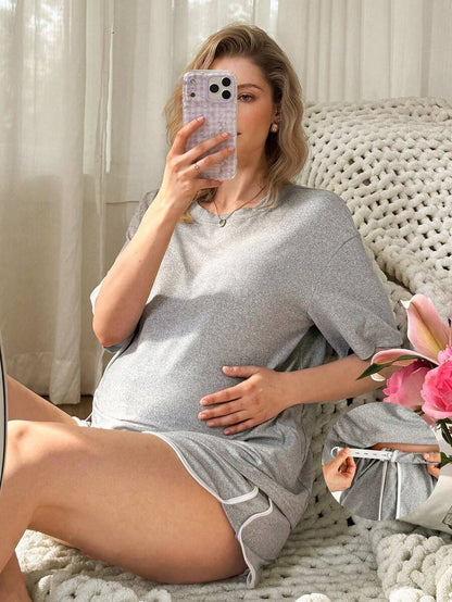 Maternity Pajama Set - Basic Floral Gray White Trim Round Neck Top and Shorts, Pregnancy Lounge