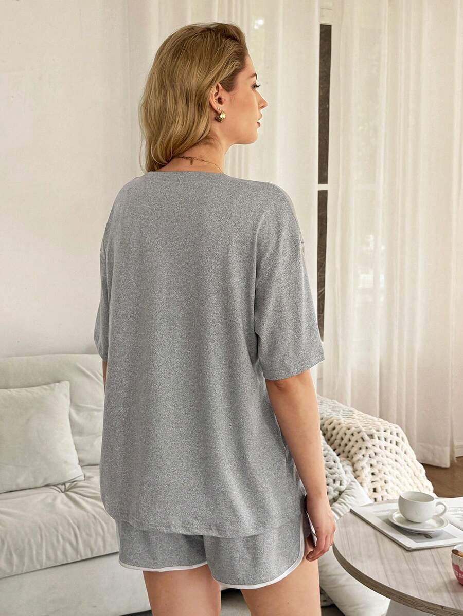 Maternity Pajama Set - Basic Floral Gray White Trim Round Neck Top and Shorts, Pregnancy Lounge