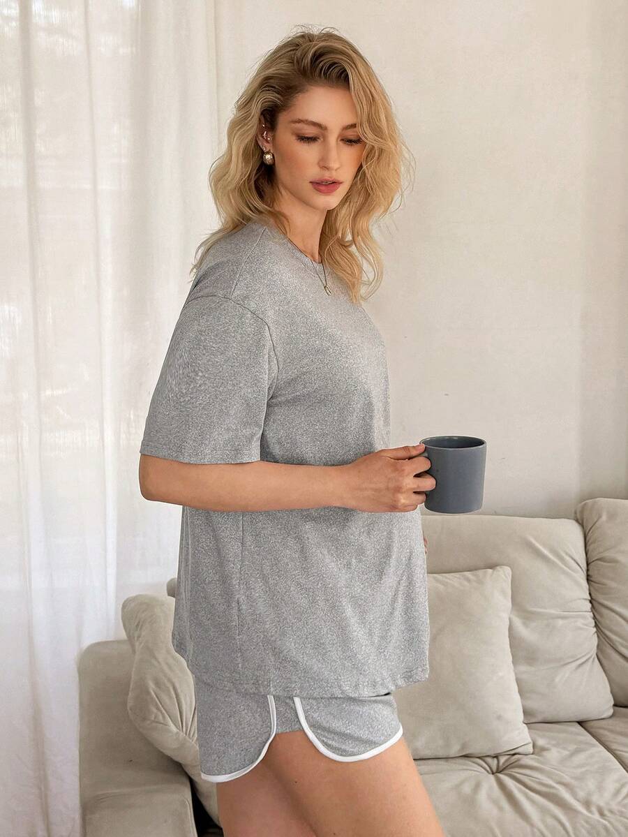 Maternity Pajama Set - Basic Floral Gray White Trim Round Neck Top and Shorts, Pregnancy Lounge