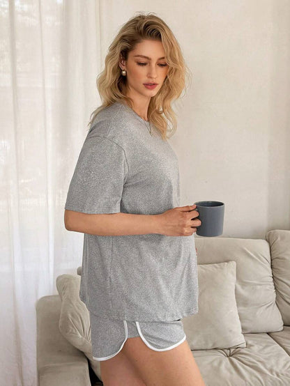 Maternity Pajama Set - Basic Floral Gray White Trim Round Neck Top and Shorts, Pregnancy Lounge
