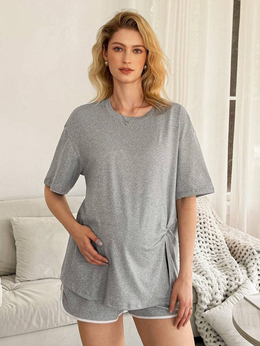 Maternity Pajama Set - Basic Floral Gray White Trim Round Neck Top and Shorts, Pregnancy Lounge