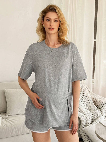 Maternity Pajama Set - Basic Floral Gray White Trim Round Neck Top and Shorts, Pregnancy Lounge
