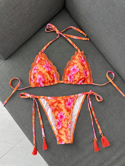 Swim Vcay Women's Summer Vacation Beach Paisley Print Halter Neck Bikini Set