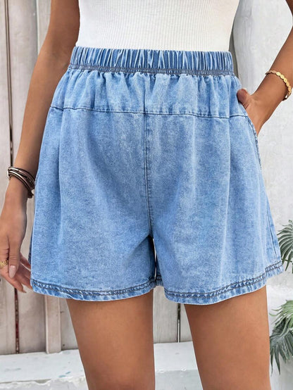 Light Wash Blue Maternity Denim Mini Shorts – High-Waist Elastic Comfort Loose Fit Jean Shorts for Summer Vacation, Casual Streetwear & Beach