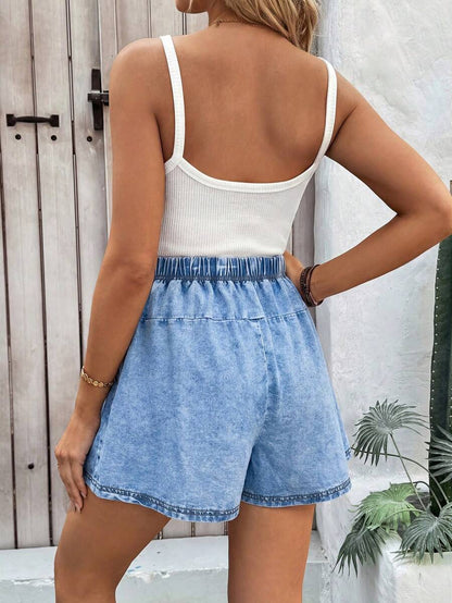 Light Wash Blue Maternity Denim Mini Shorts – High-Waist Elastic Comfort Loose Fit Jean Shorts for Summer Vacation, Casual Streetwear & Beach