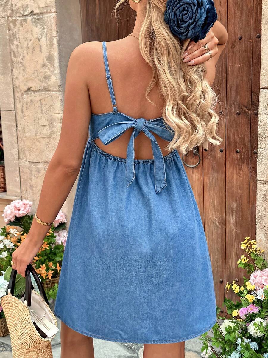 Blue Backless Spaghetti Strap Maternity Denim Mini Dress - Sleeveless Casual Summer One Piece - Chic Streetwear Graduation and Vacation Outfit