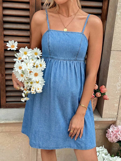 Blue Backless Spaghetti Strap Maternity Denim Mini Dress - Sleeveless Casual Summer One Piece - Chic Streetwear Graduation and Vacation Outfit