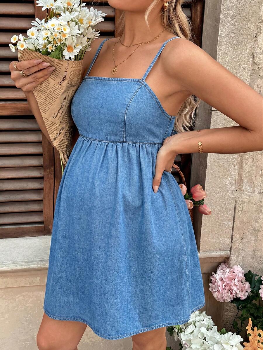 Blue Backless Spaghetti Strap Maternity Denim Mini Dress - Sleeveless Casual Summer One Piece - Chic Streetwear Graduation and Vacation Outfit