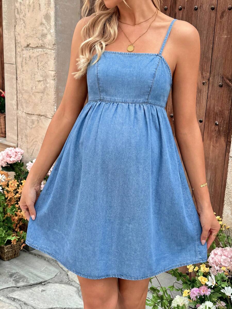 Blue Backless Spaghetti Strap Maternity Denim Mini Dress - Sleeveless Casual Summer One Piece - Chic Streetwear Graduation and Vacation Outfit