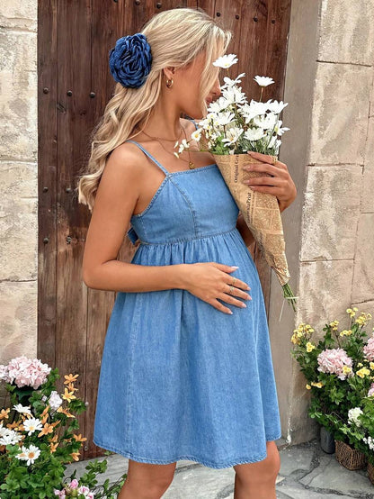 Blue Backless Spaghetti Strap Maternity Denim Mini Dress - Sleeveless Casual Summer One Piece - Chic Streetwear Graduation and Vacation Outfit