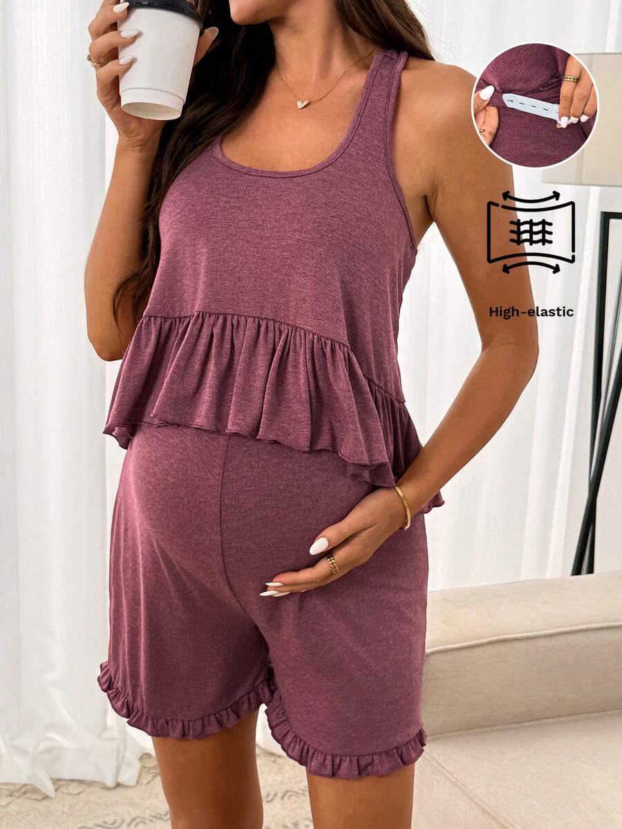 2 Piece Maternity Casual Camisole and Frill Trim Shorts Set Redwood Slim Fit Medium Stretch Lingerie Loungewear Pajama Set