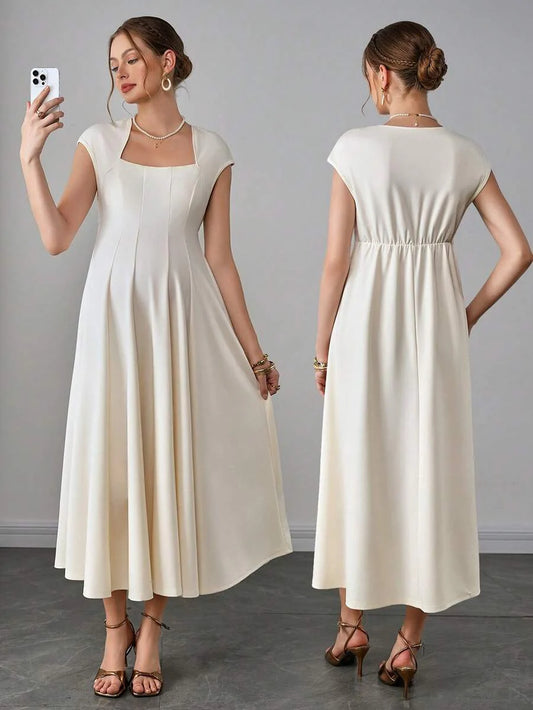 Maternity Elegant A-Line Midi Dress - Queen Anne Neckline, Cap Sleeve, Pleated, Apricot