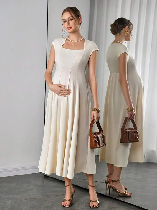 Maternity Elegant A-Line Midi Dress - Queen Anne Neckline, Cap Sleeve, Pleated, Apricot