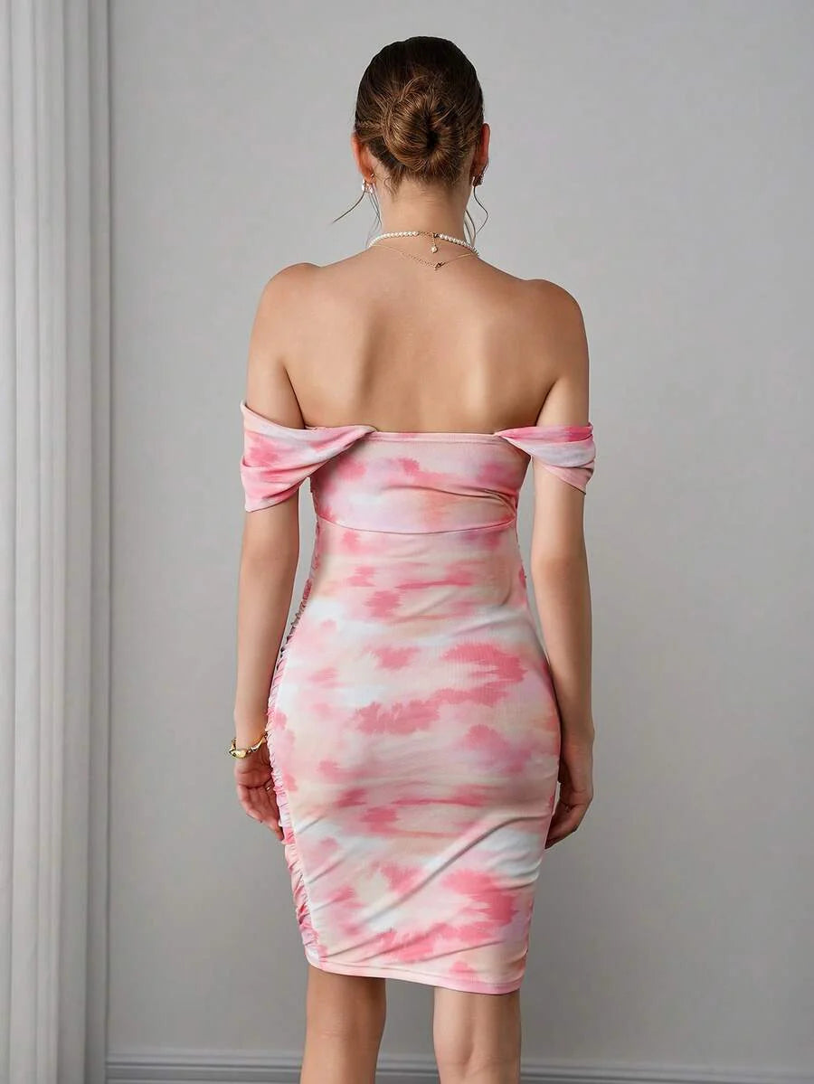 Maternity Tie-Dye Bodycon Midi Dress - Strapless, Cold Shoulder, Ruched, Slim Fit, Multicolor