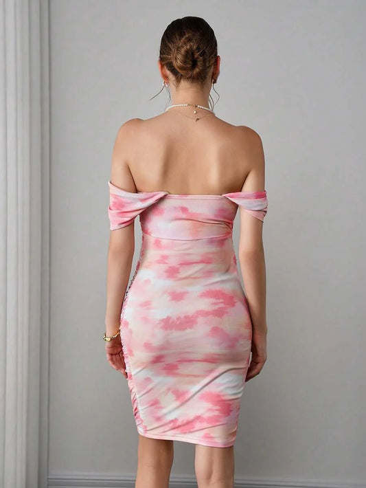 Maternity Tie-Dye Bodycon Midi Dress - Strapless, Cold Shoulder, Ruched, Slim Fit, Multicolor