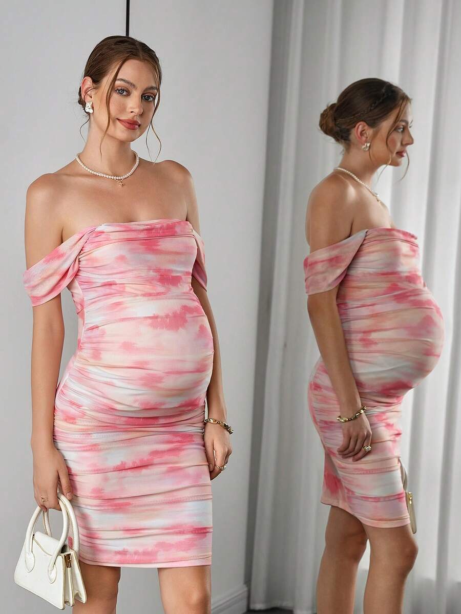 Maternity Tie-Dye Bodycon Midi Dress - Strapless, Cold Shoulder, Ruched, Slim Fit, Multicolor