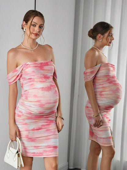 Maternity Tie-Dye Bodycon Midi Dress - Strapless, Cold Shoulder, Ruched, Slim Fit, Multicolor